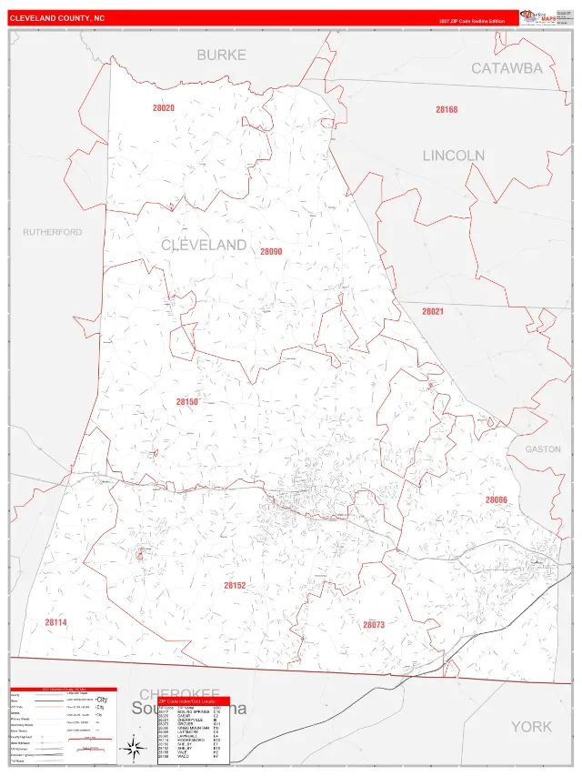 Cleveland County, NC ZIP Code Wall Map, RedLine style