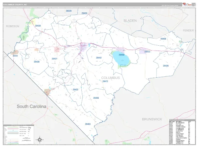 Columbus County, NC ZIP Code Wall Map, Classic style