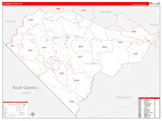 Columbus County, NC RedLine style ZIP Code wall map