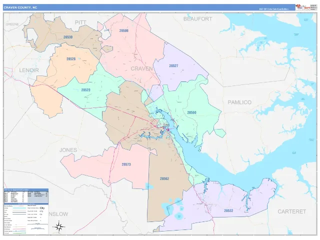 Craven County, NC ZIP Code Wall Map, ColorCast style