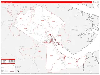 Craven County, NC RedLine style ZIP Code wall map