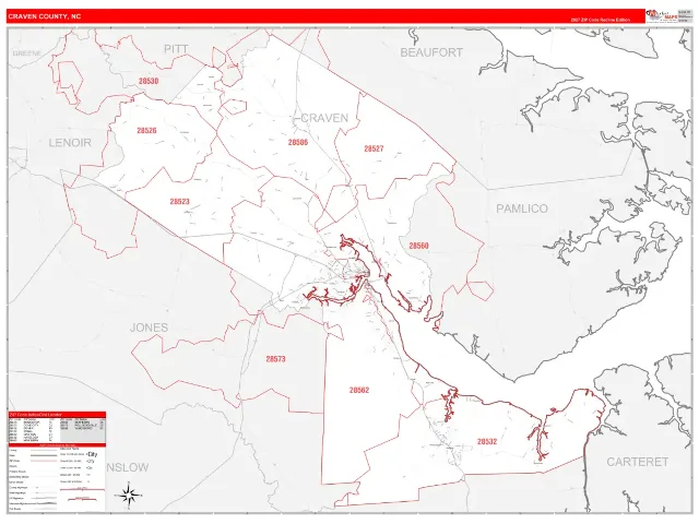 Craven County, NC ZIP Code Wall Map, RedLine style