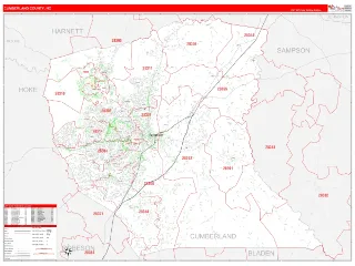 Cumberland County, NC RedLine style ZIP Code wall map