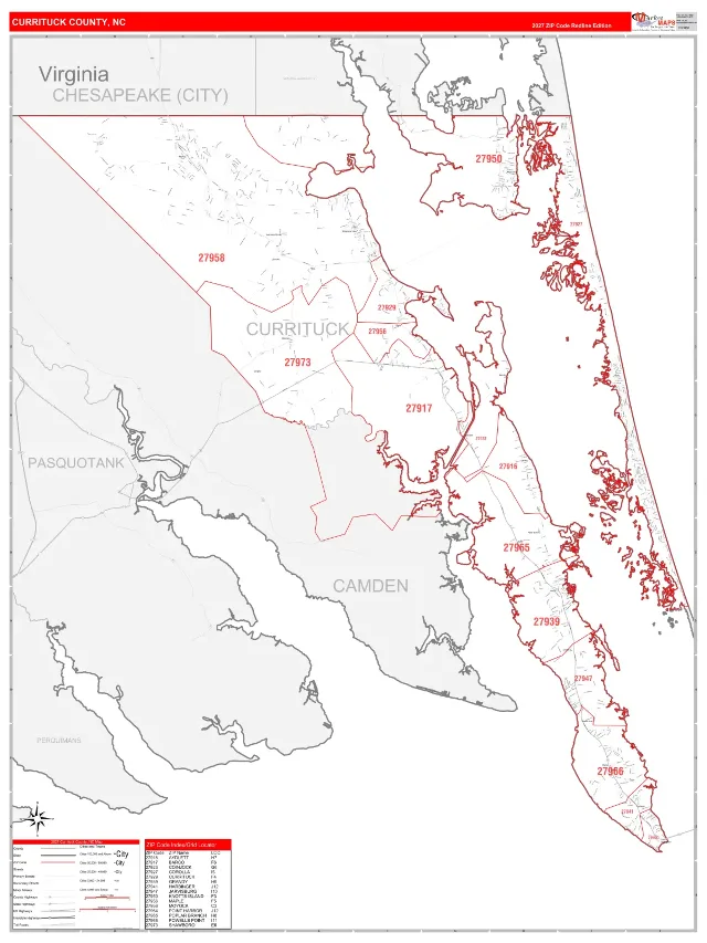 Currituck County, NC ZIP Code Wall Map, RedLine style