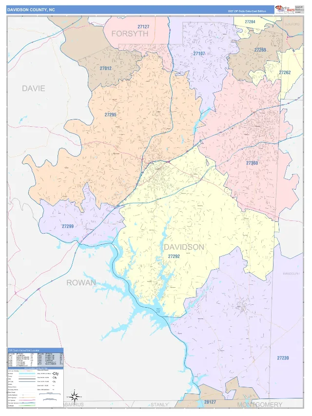 Davidson County, NC ZIP Code Wall Map, ColorCast style