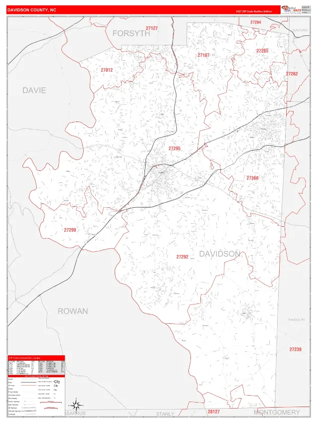 Davidson County, NC ZIP Code Wall Map, RedLine style