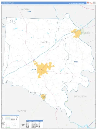 Davie County, NC Business Reference style ZIP Code wall map
