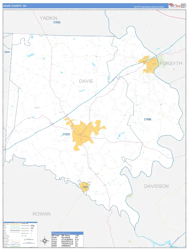 Davie County, NC ZIP Code Wall Map, Business Reference style