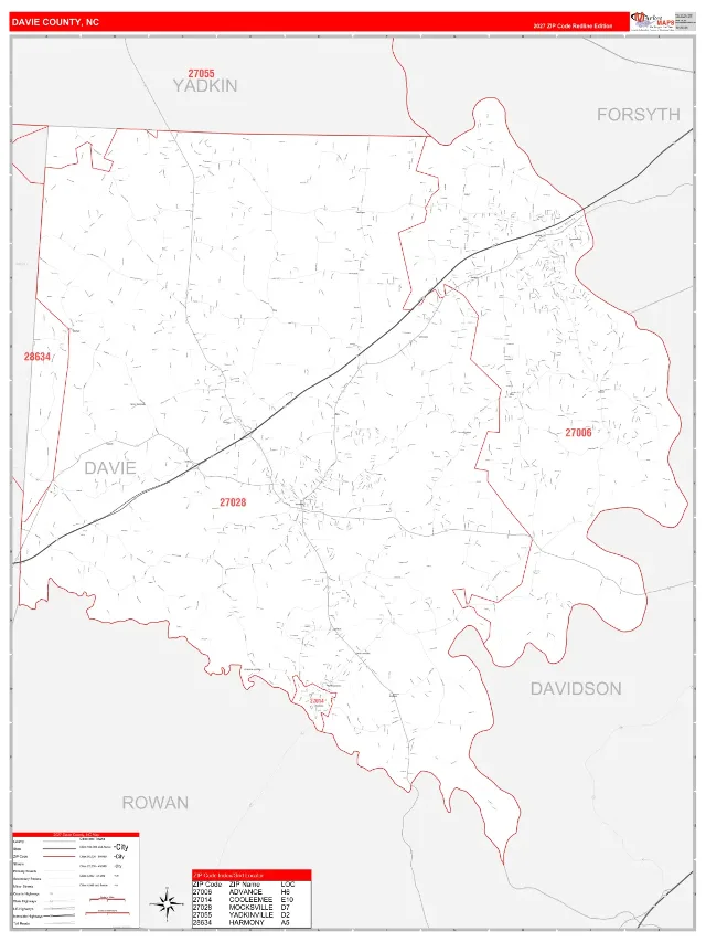Davie County, NC ZIP Code Wall Map, RedLine style