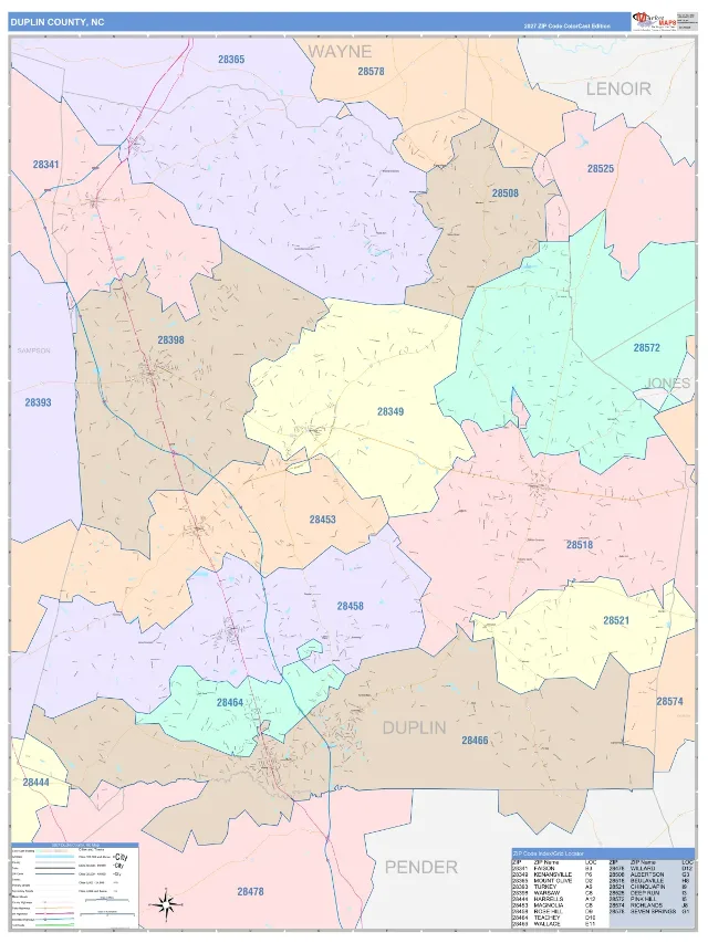 Duplin County, NC ZIP Code Wall Map, ColorCast style