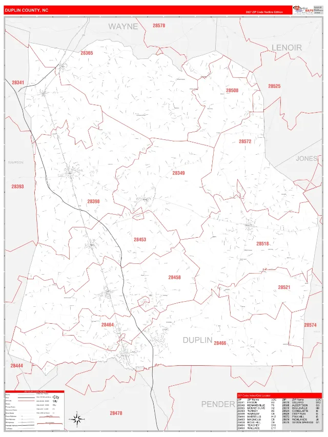 Duplin County, NC ZIP Code Wall Map, RedLine style