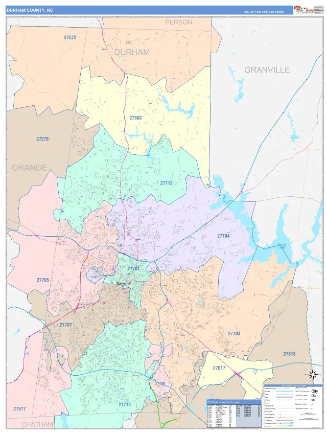 Durham County, NC ZIP Code Wall Map, ColorCast style