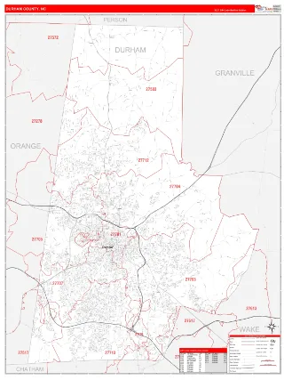 Durham County, NC RedLine style ZIP Code wall map