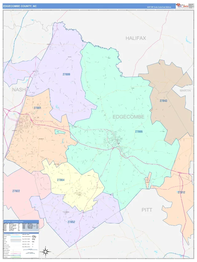 Edgecombe County, NC ZIP Code Wall Map, ColorCast style