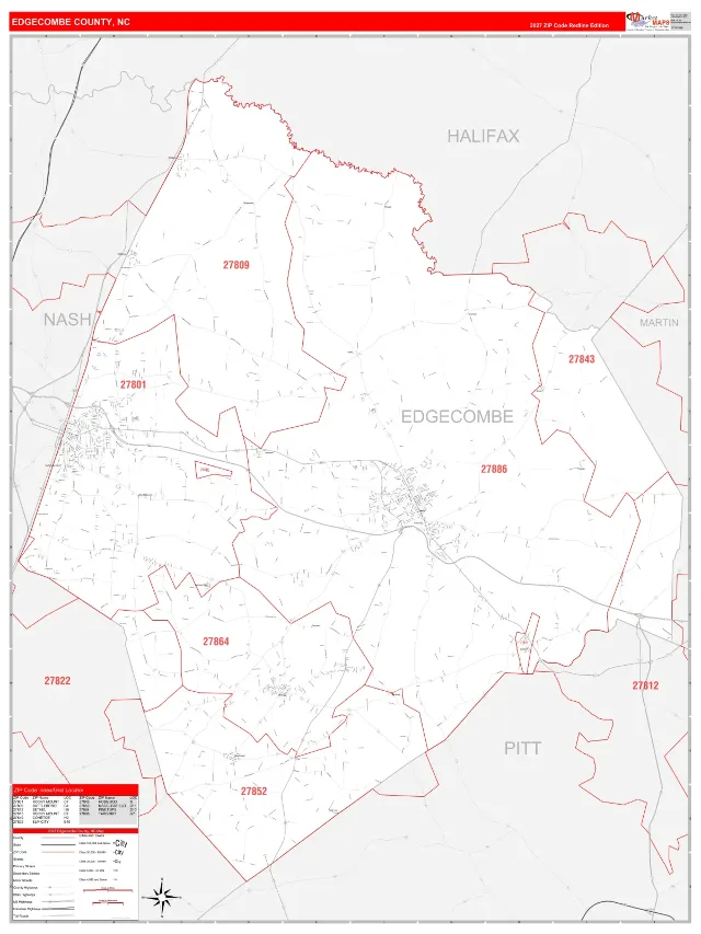 Edgecombe County, NC ZIP Code Wall Map, RedLine style