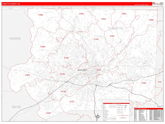 Forsyth County, NC ZIP Code Wall Map, RedLine style