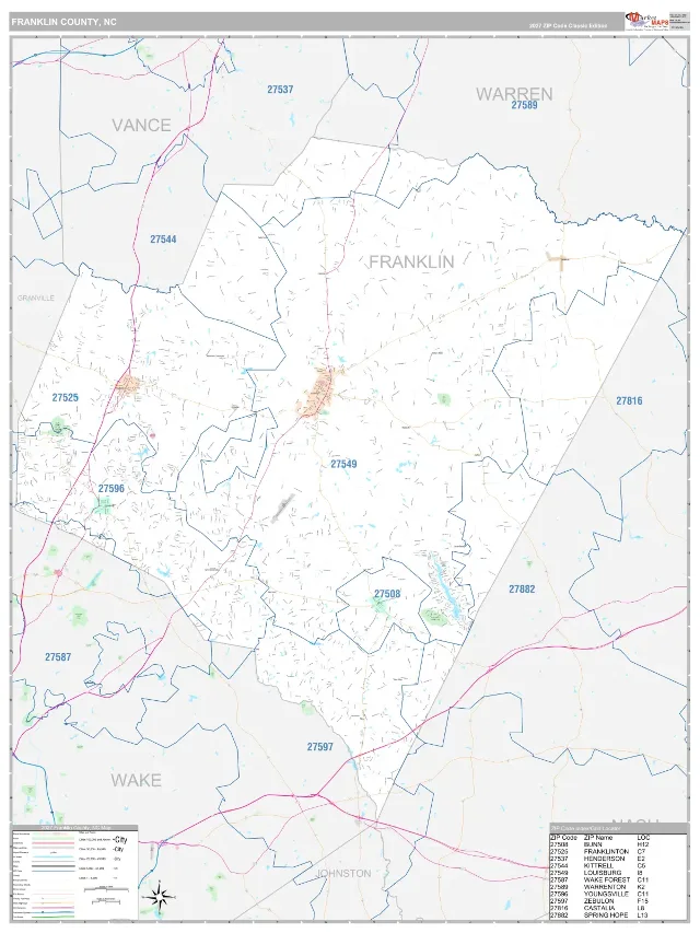 Franklin County, NC ZIP Code Wall Map, Classic style