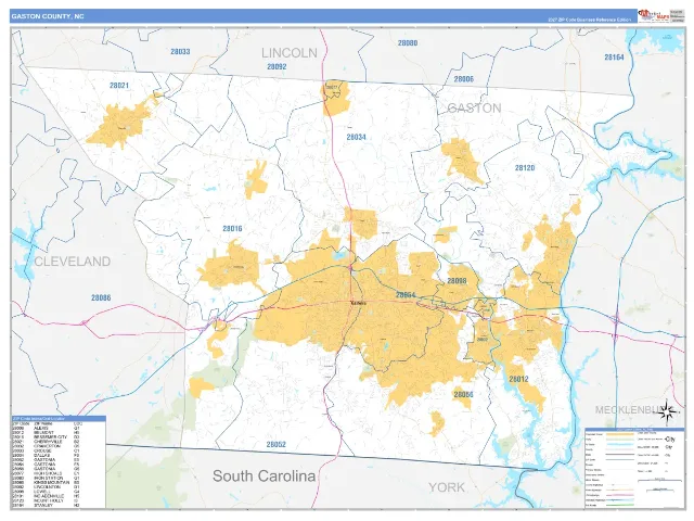 Gaston County, NC ZIP Code Wall Map, Business Reference style