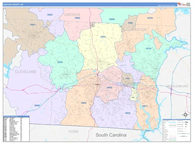 Gaston County, NC ZIP Code Wall Map, ColorCast style