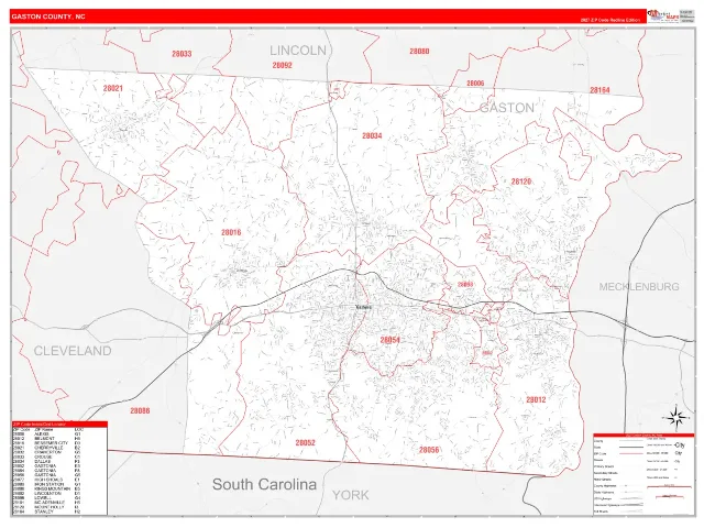 Gaston County, NC ZIP Code Wall Map, RedLine style