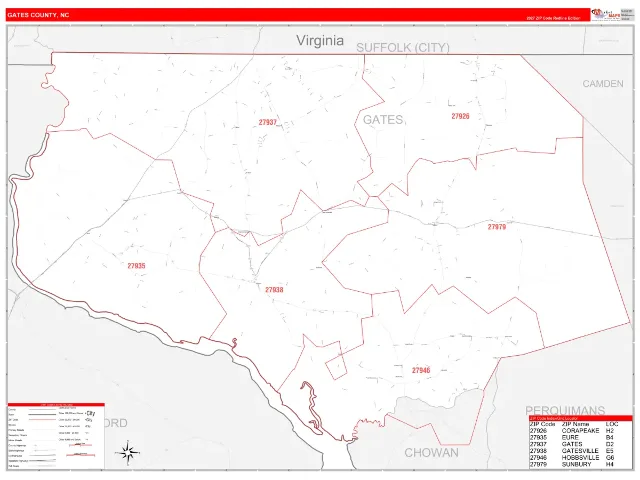 Gates County, NC ZIP Code Wall Map, RedLine style