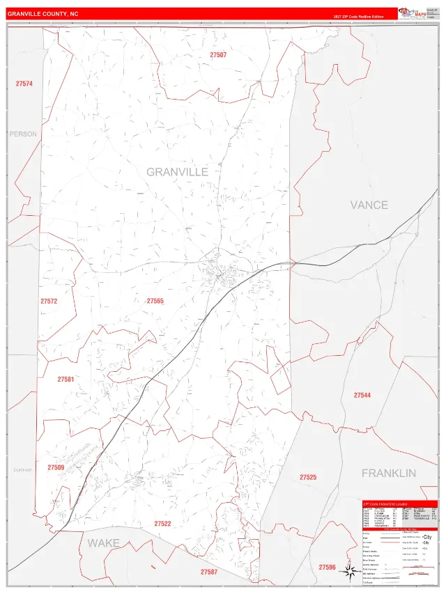 Granville County, NC ZIP Code Wall Map, RedLine style