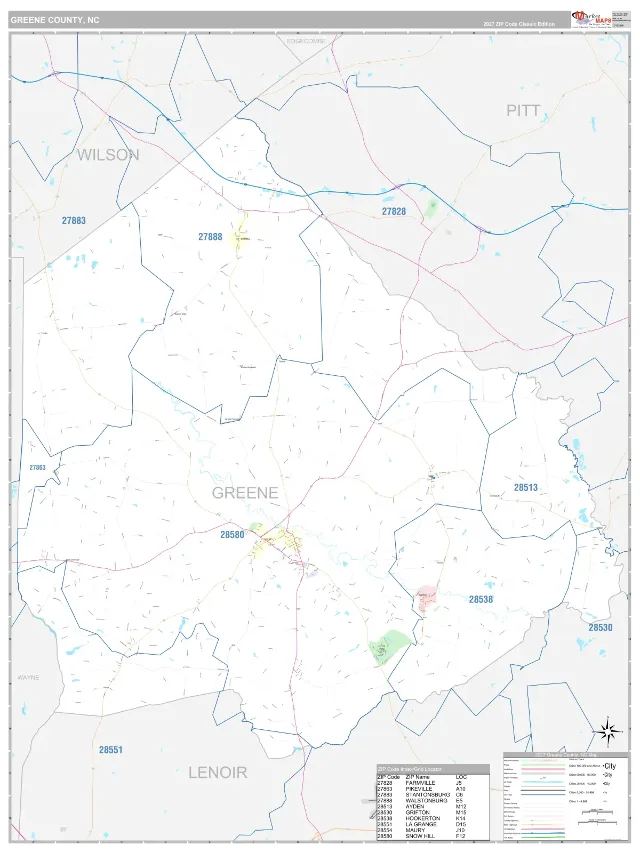 Greene County, NC ZIP Code Wall Map, Classic style