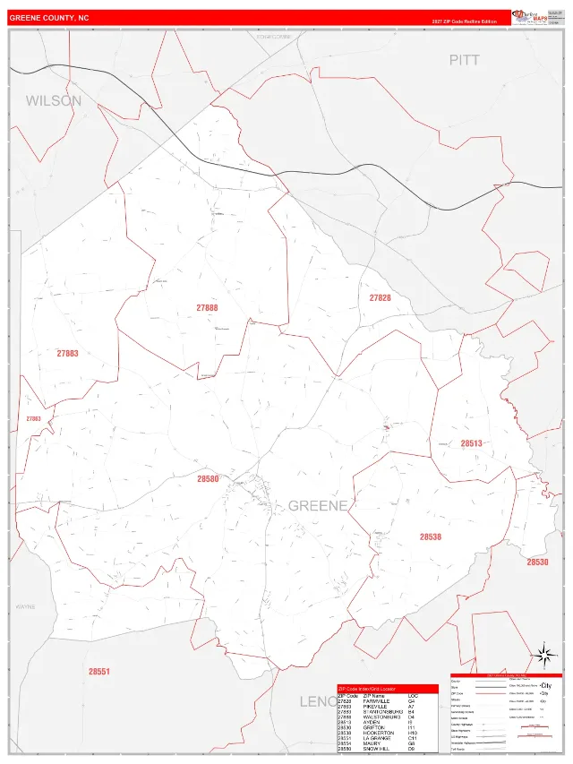 Greene County, NC ZIP Code Wall Map, RedLine style