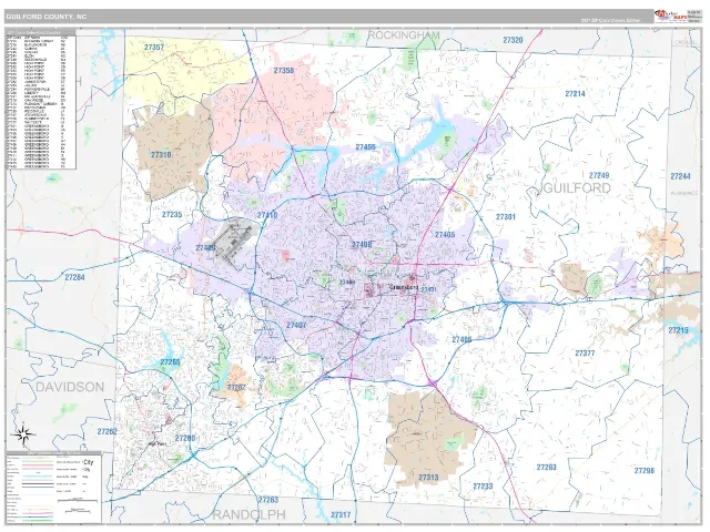 Guilford County, NC ZIP Code Wall Map, Classic style