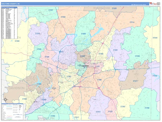 Guilford County, NC ZIP Code Wall Map, ColorCast style