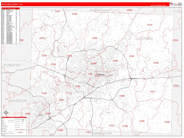 Guilford County, NC ZIP Code Wall Map, RedLine style