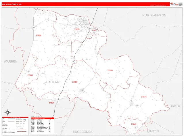 Halifax County, NC ZIP Code Wall Map, RedLine style