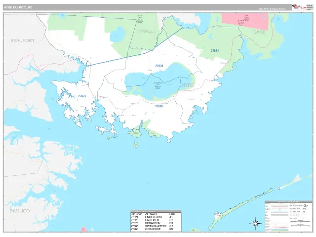 Hyde County, NC ZIP Code Wall Map, Classic style