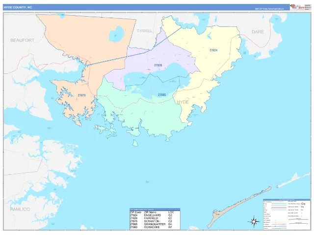 Hyde County, NC ZIP Code Wall Map, ColorCast style