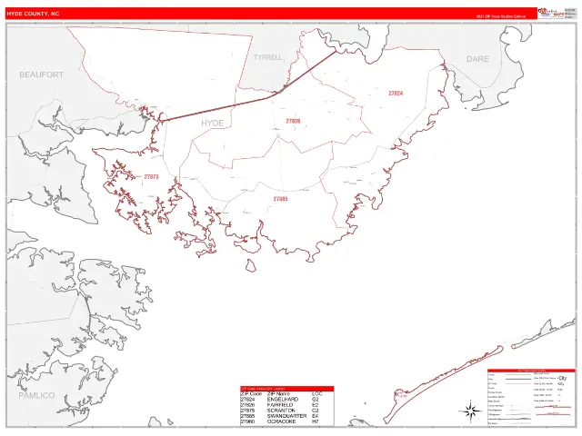 Hyde County, NC ZIP Code Wall Map, RedLine style