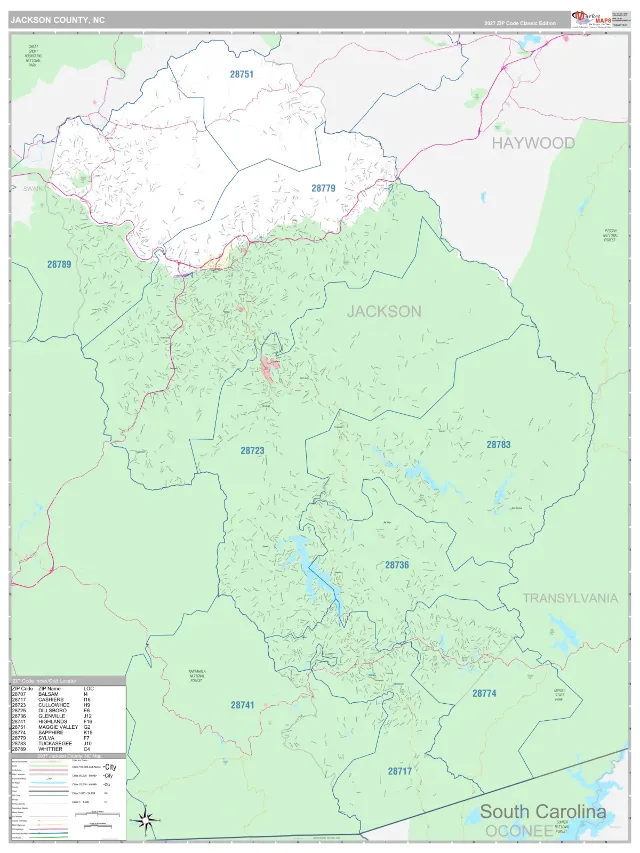 Jackson County, NC ZIP Code Wall Map, Classic style