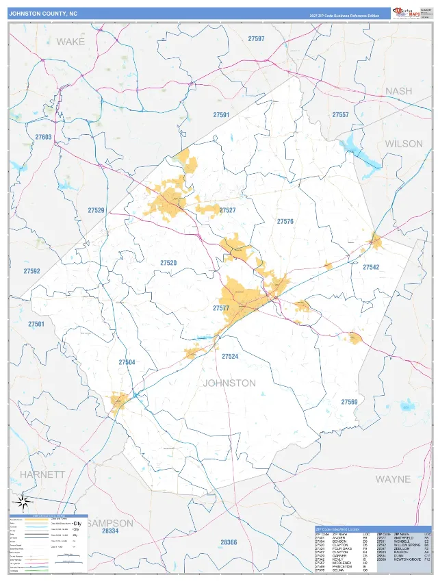 Johnston County, NC ZIP Code Wall Map, Business Reference style