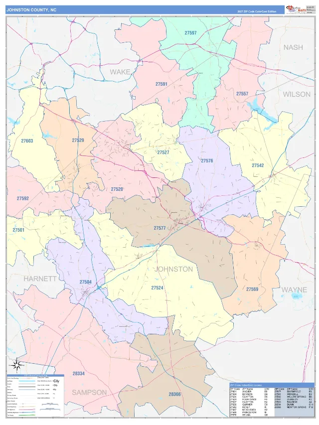 Johnston County, NC ZIP Code Wall Map, ColorCast style