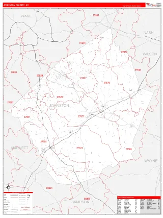 Johnston County, NC RedLine style ZIP Code wall map
