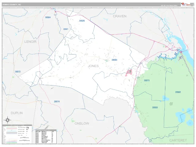 Jones County, NC ZIP Code Wall Map, Classic style