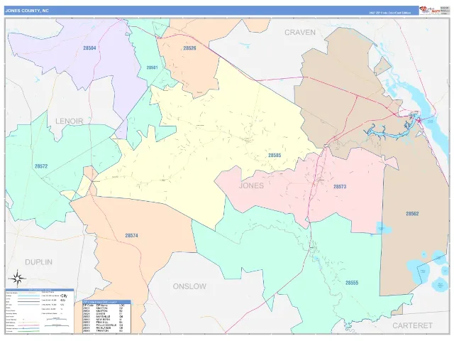 Jones County, NC ZIP Code Wall Map, ColorCast style