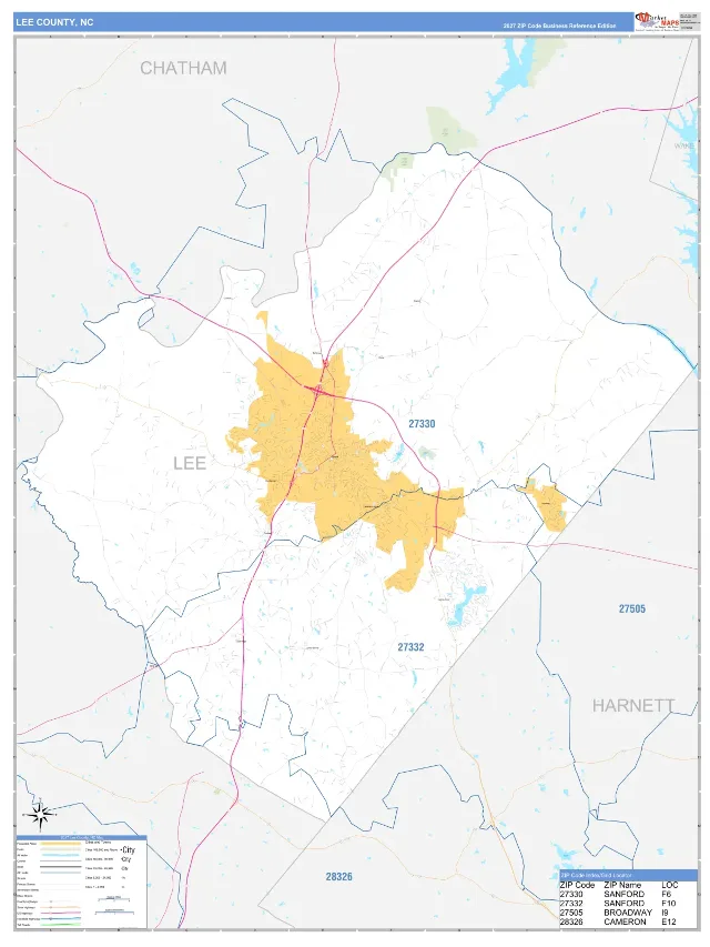 Lee County, NC ZIP Code Wall Map, Business Reference style