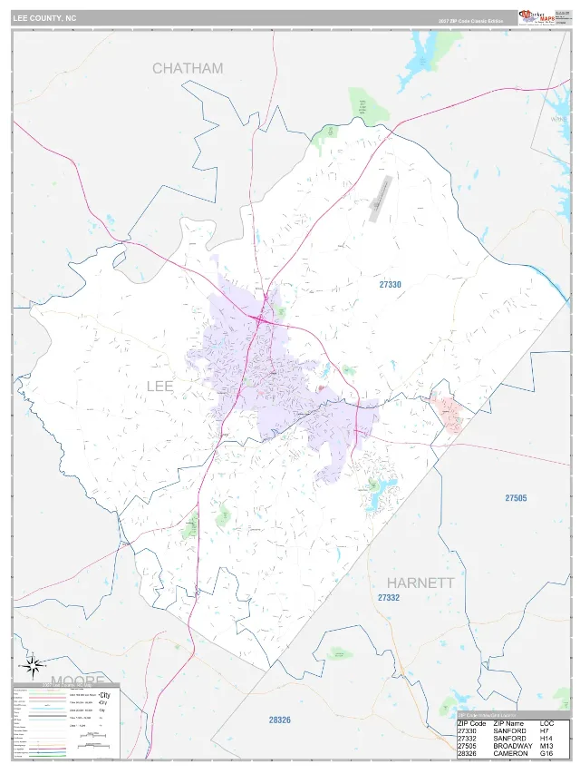 Lee County, NC ZIP Code Wall Map, Classic style