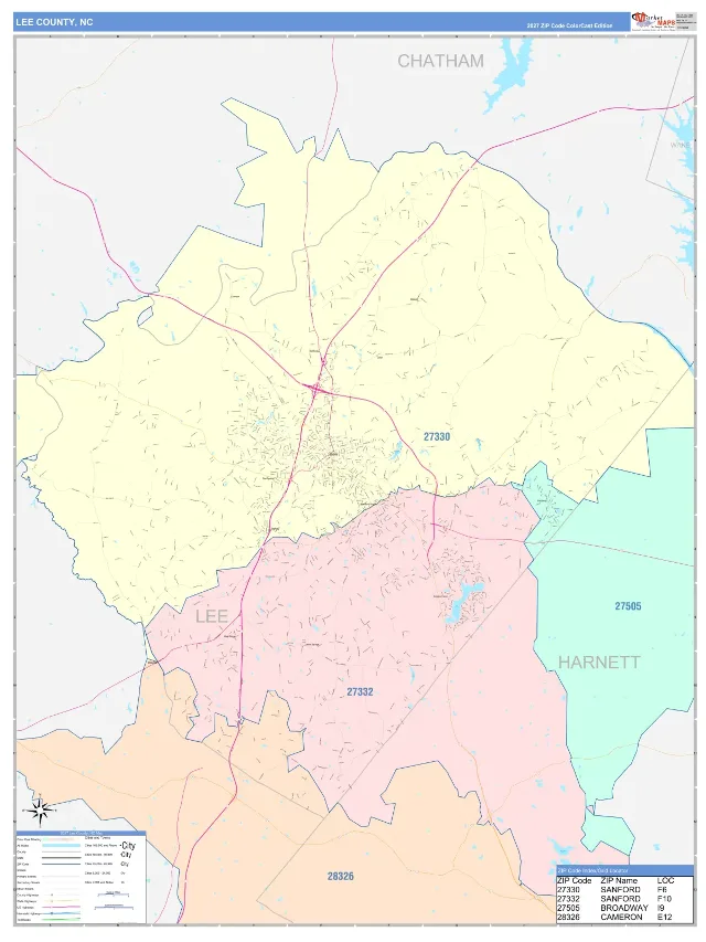 Lee County, NC ZIP Code Wall Map, ColorCast style