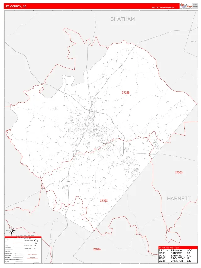 Lee County, NC ZIP Code Wall Map, RedLine style
