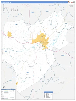 Lenoir County, NC Business Reference style ZIP Code wall map