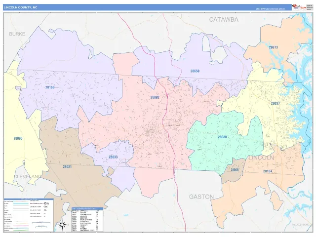 Lincoln County, NC ZIP Code Wall Map, ColorCast style
