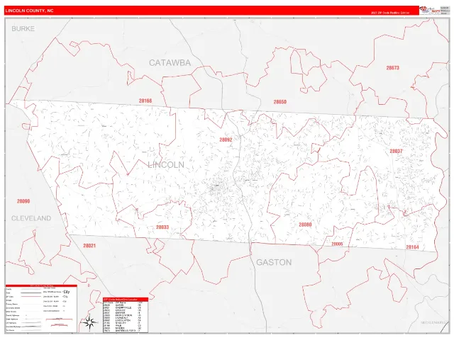 Lincoln County, NC ZIP Code Wall Map, RedLine style