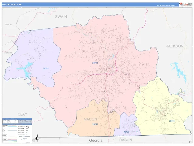 Macon County, NC ZIP Code Wall Map, ColorCast style