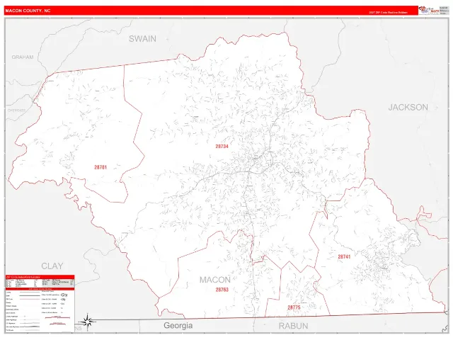 Macon County, NC ZIP Code Wall Map, RedLine style